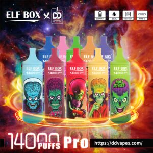 Colorful ELF BOX disposable vapes with monster graphics, labeled 14000 puffs Pro, on a cosmic background with feature icons
