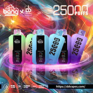 Colorful ad for Bang x DDVapes 25,000-puff disposable vapes in several pastel colors