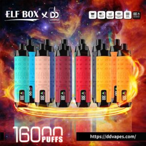 Colorful ELF BOX XD vape device ad with six e-liquid pods, feature icons, and 16000 puffs text on a cosmic background
