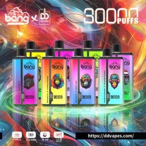 Colorful vape ad showing Bang 30000 Puffs devices with multiple flavors and a ddvapes website link