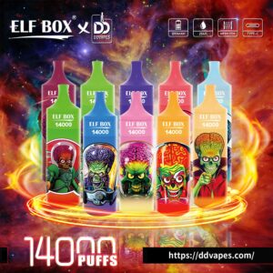 Colorful ELF BOX XD disposable vape ad with five skull-themed devices, 1400 puffs, 600mAh, 25mL, mesh coil, Type-C
