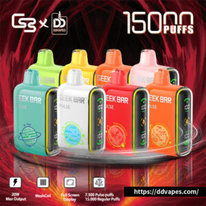 Promotional image of Geek Bar Pulse vapes with 15,000 puffs and multiple colorful flavors on a red background